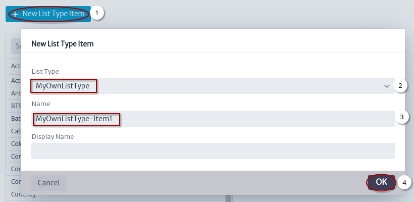 New List Type Item Window