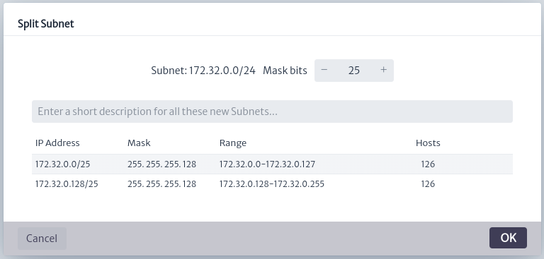 split subnet dialog