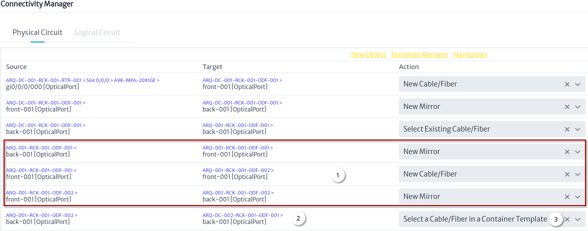 Select a Cable/Fiber in a Container Template