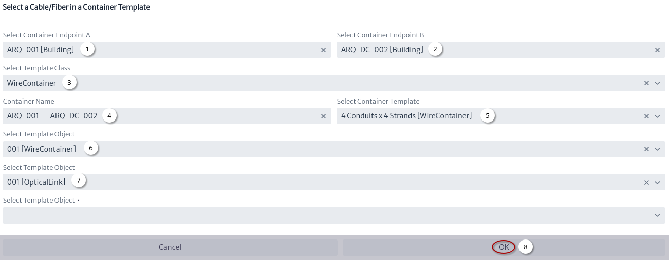 Select a Cable/Fiber in a Container Template window